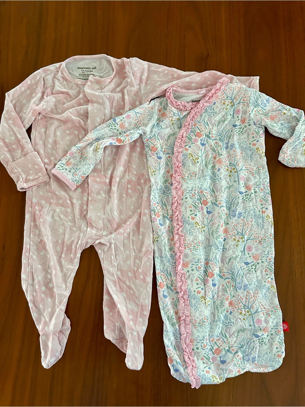 Magnetic Me Footie/ Sleeper Gown Babygirl Pink Fawn & Floral Ruffles Bundle/ Lot